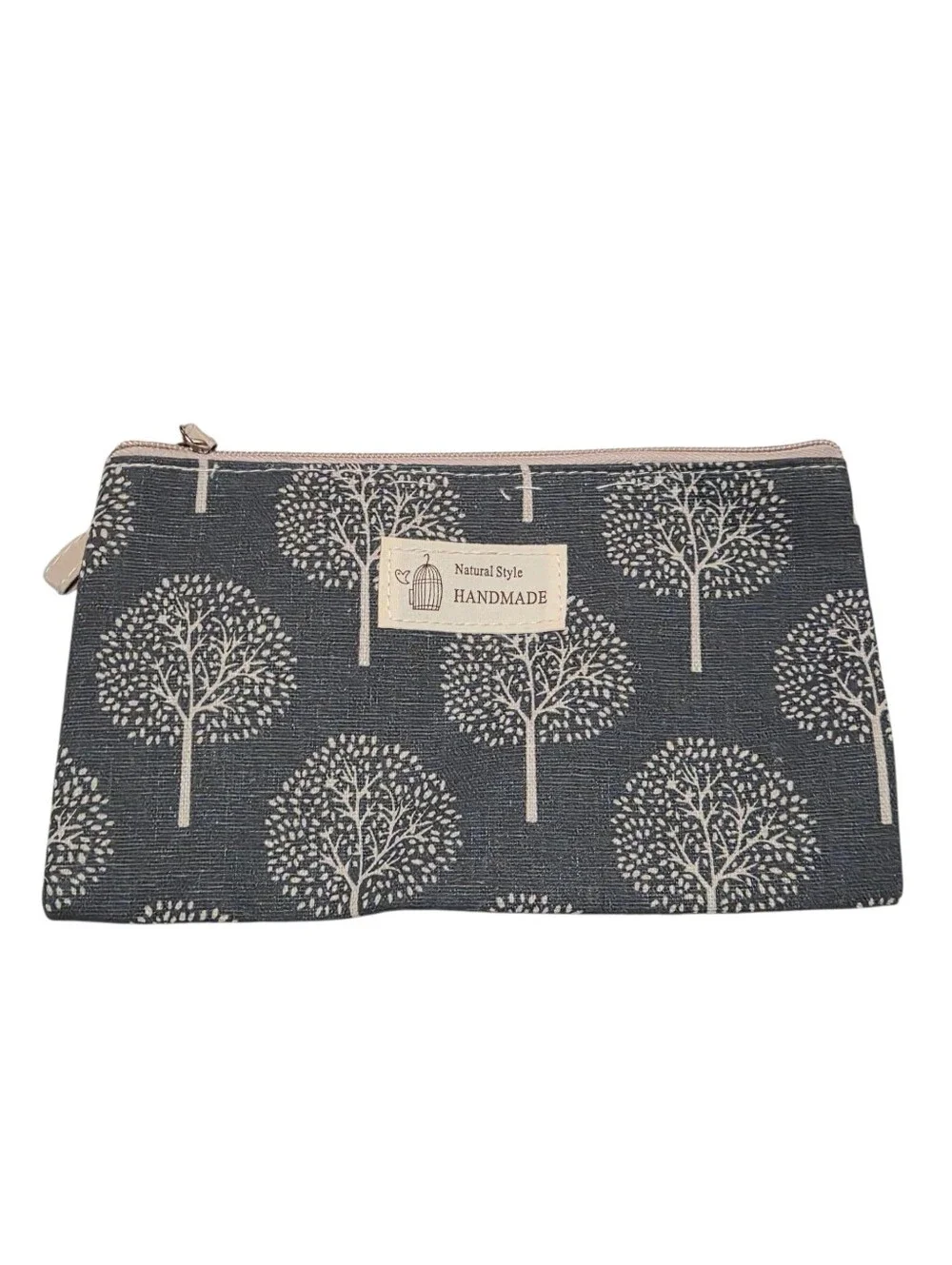 Handmade Tree Print Zipper Cosmetic Makeup Bag Gray Beige